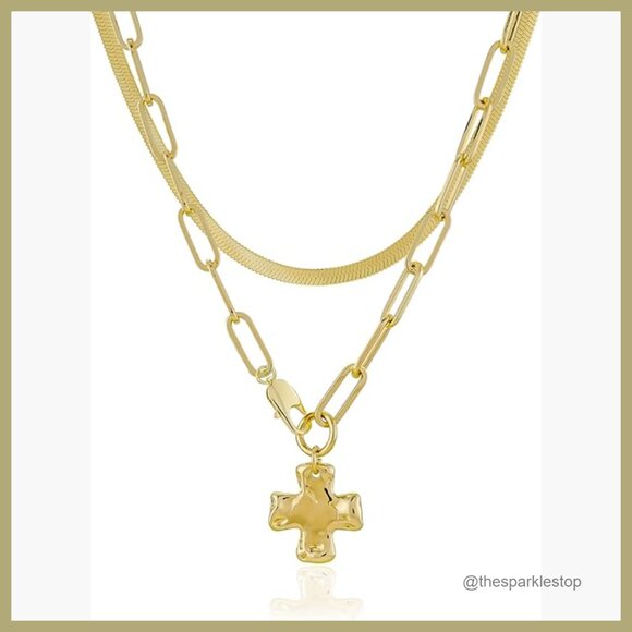 Gold Plated Chunky Cross Pendant Necklace Set Paperclip Herringbone Chain